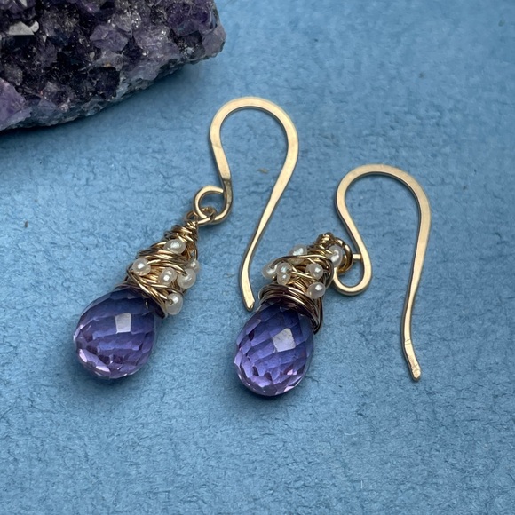Alexandrite Crystals And Pearls Artisan Earrings 14K Gold Filled - Picture 10 of 16